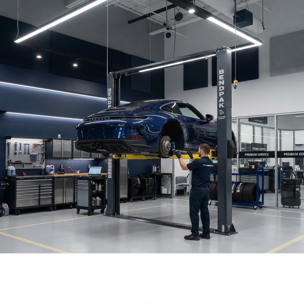 Service bay with a vehicle raised on a hoist