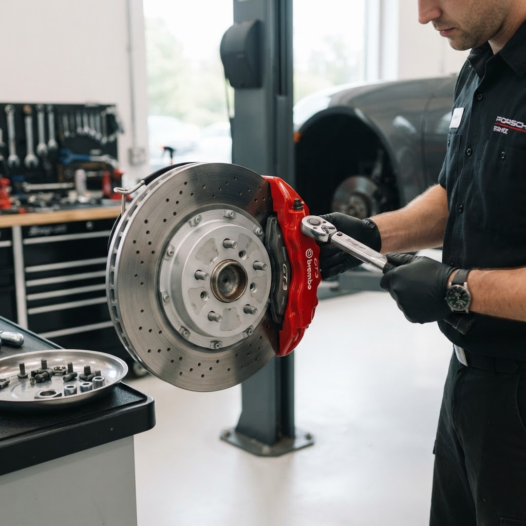 Brake rotor and pads being serviced on a wheel hub