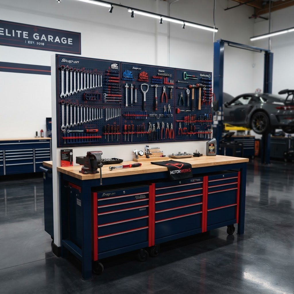 Organised tool wall and workbench in the workshop